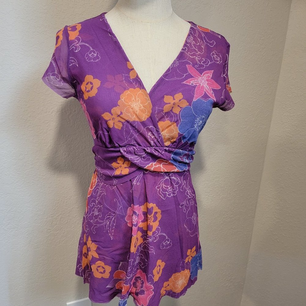 Medium - Sweet Pea By Staci Frati Colorful Floral Mesh Top, Flutter Sleeve